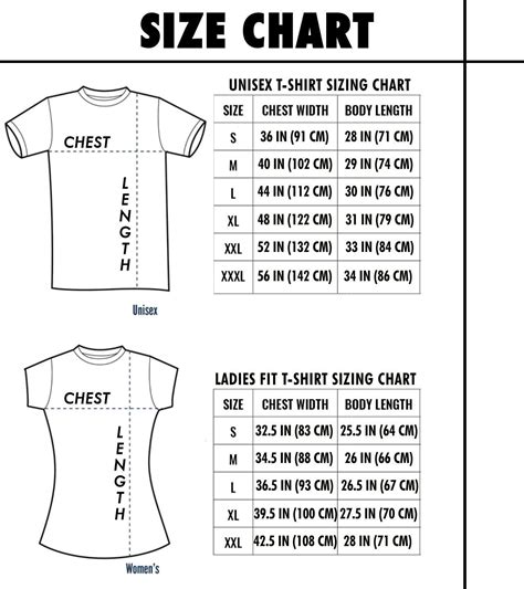 t-shirt size chart printable